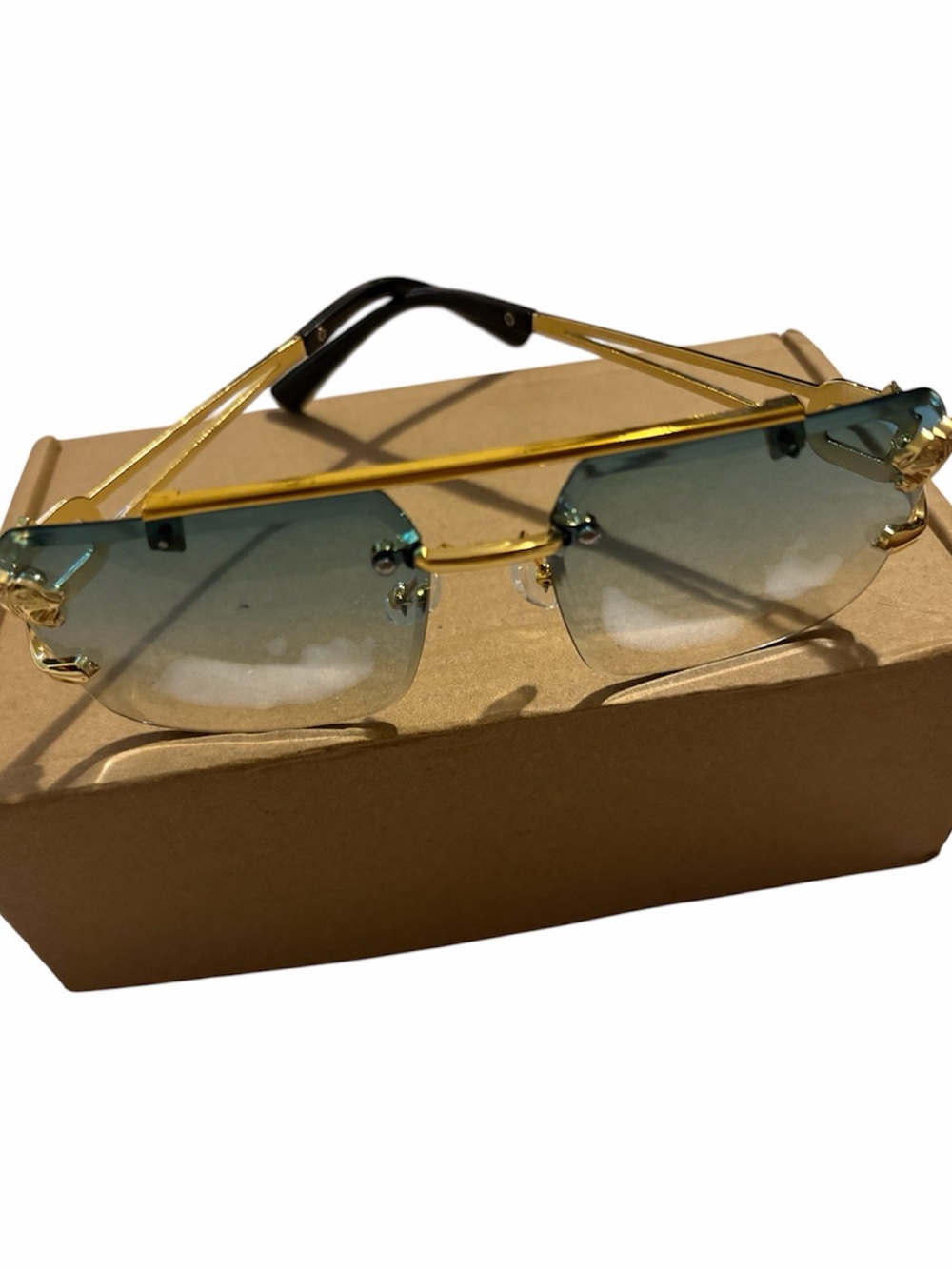 Men's Rimless Sunglasses with Gold Frame and Blue Gradient Lenses